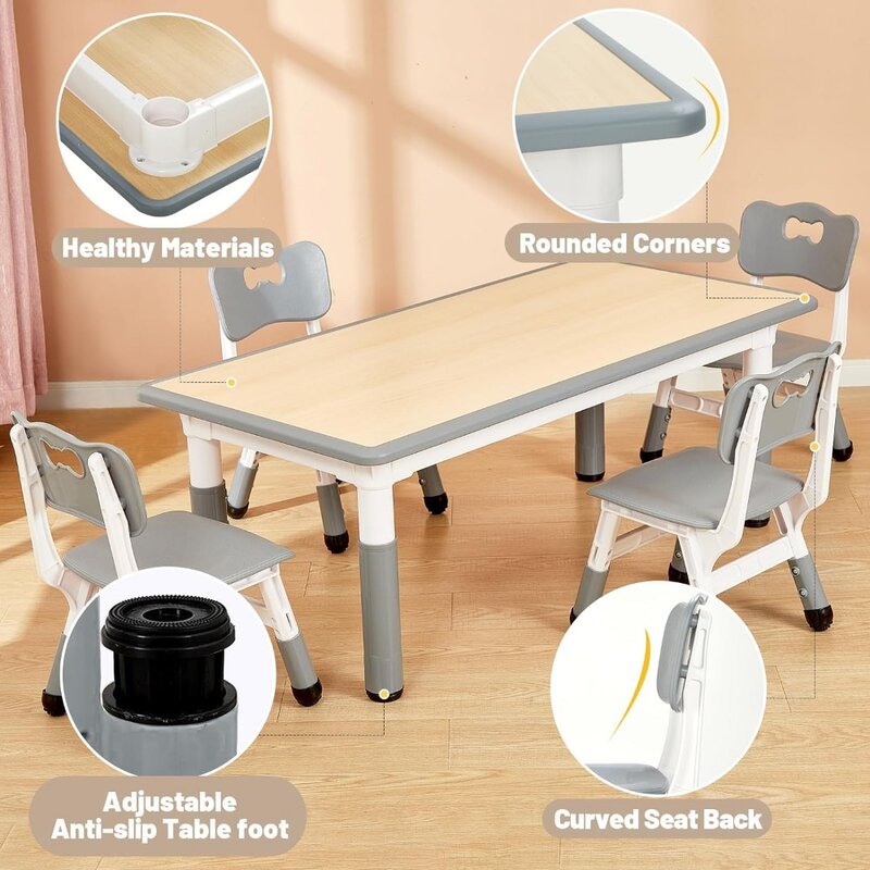 able and 4 Chairs Set for Ages 3-8, Height Adjustable Toddler Table and Chair Set, Easy to Wipe Arts & Crafts Table, for
