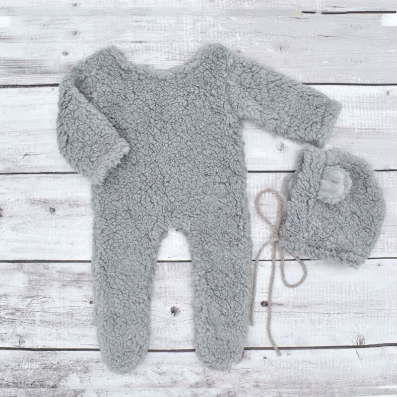 Conjunto de pijama y gorro de oso para recién nacido, accesorio de foto infantil, gorro de oreja de oso de felpa marrón, pelele para sesión de fotos