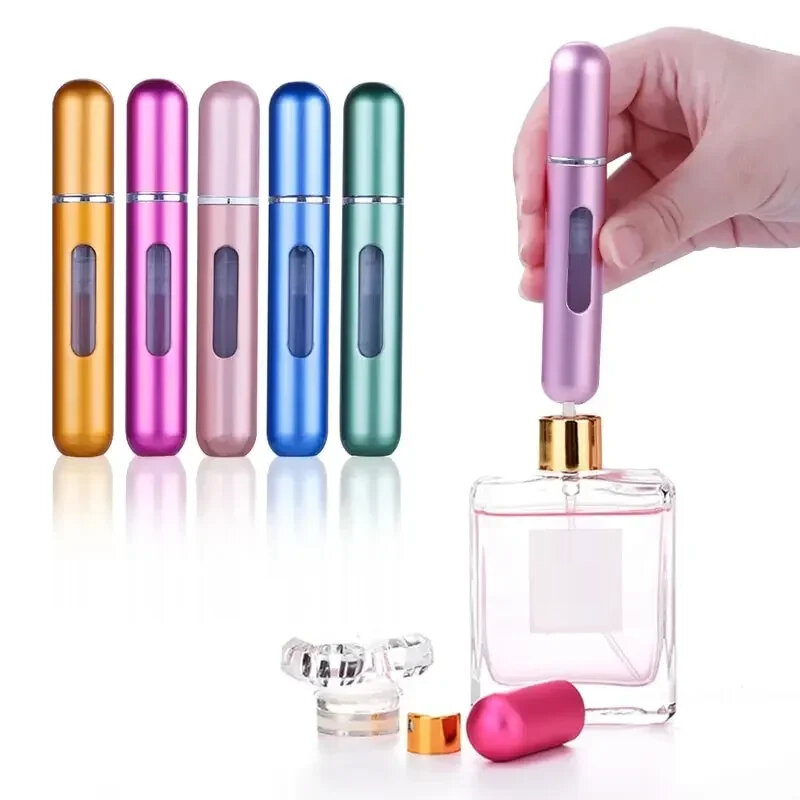 Mini botella de Perfume recargable portátil de 5ml, práctico atomizador, bomba de aluminio con pulverizador, contenedor de cosméticos, herramientas de maquillaje de viaje