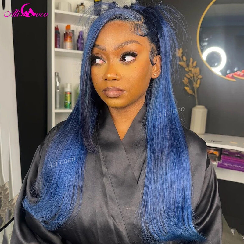 Wig rambut manusia Frontal renda lurus warna biru 13x6 13X4 untuk wanita Wig penutupan renda transparan rambut Brasil telah ditanami