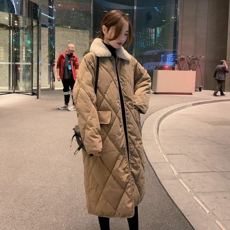 Женский пуховик в клетку, Женская куртка, Корейская длинная куртка для женщин, свободные пальто с перьями, повседневные зимние пуховики, толстые пальто