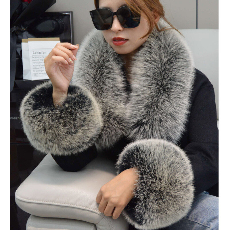Real Fox Fur Collar and Cuffs Set Winter Coat Hood Decors For Woman Luxury Natural Fur Scarf Black Arm Wrist Fur Sleeves Cuff