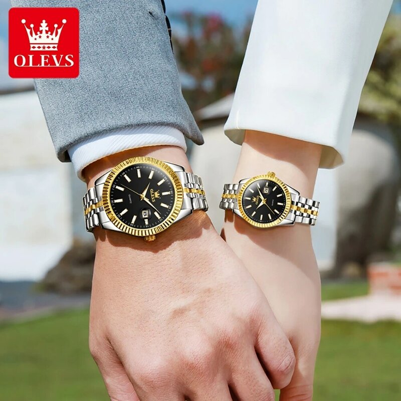 Olevs-男性と女性のための防水ステンレス鋼クォーツ時計、カップルカレンダー、高級ブランド、エレガントなファッション、5593