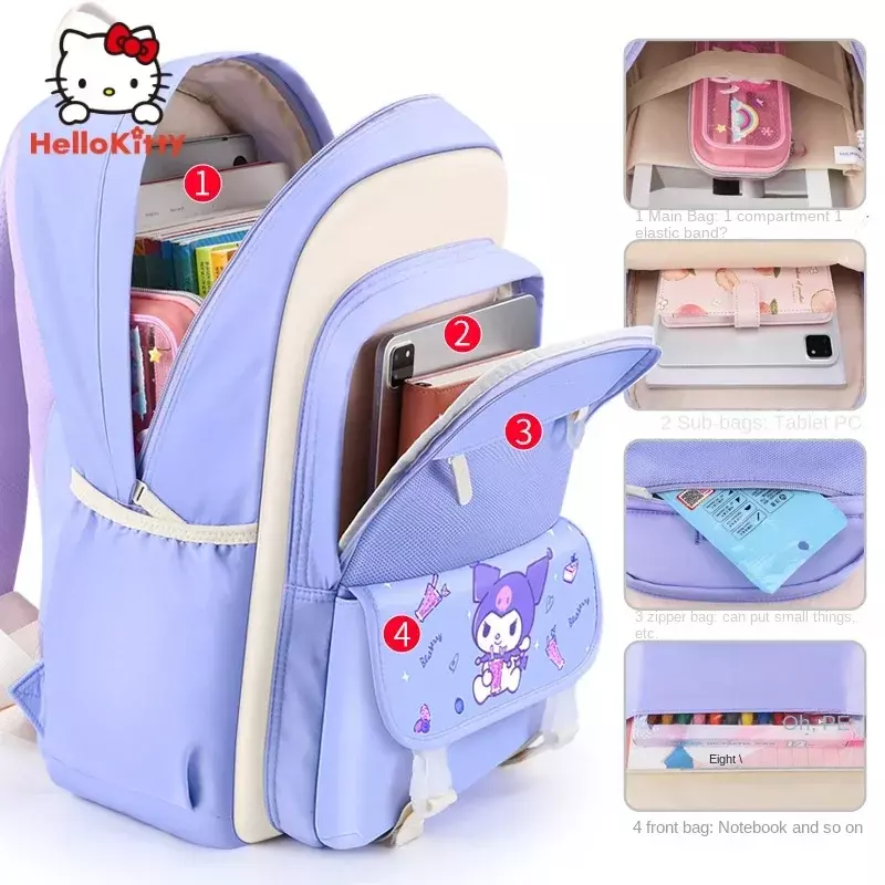 Kuromi Sanrio bolsa de escola primária para crianças, mochila portátil para carga infantil, grau 3-6 Cinnamoroll