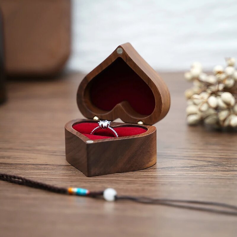 Caixa de jóias de madeira em forma de coração caixa de jóias proposta caso de presente de casamento exibição de jóias de armazenamento organizador brinco anel colar caixa