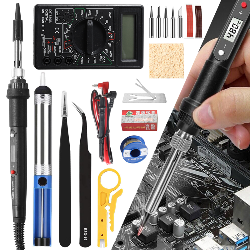 80W UK Plug Electric Soldering Iron Kit Digital Temperature Adjustable Welding Tool Solder Tin With Iron Tips Repair Tools