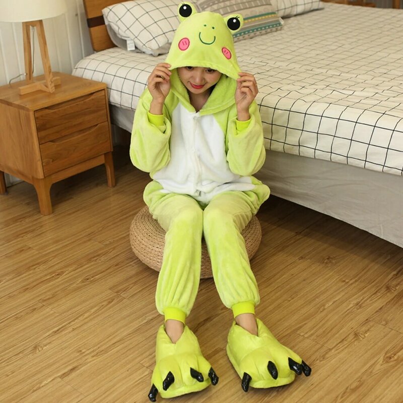 Women Cute Cartoon Animal Pig Cat Frog Onesies Sleepwear Flannel Hooded One-piece Pajamas Adult Kids Homewear Jumpsuit Nightgown