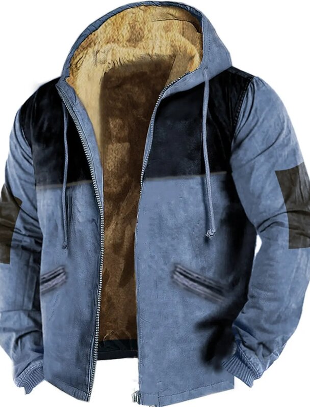 Men's Zipper Sweater Color Block Print Hoodies Casual Winter Clothing Long Sleeve Sweatshirt Casual Hooded Jacket Streetwear