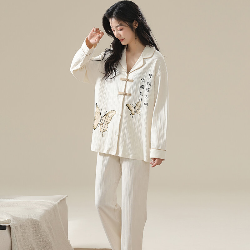 Frühling und Herbst Frauen Pyjamas Set gestrickte Cotoon Pyjama weibliche Langarm Nachtwäsche Mädchen Homewear