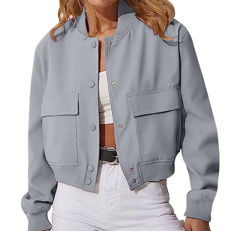 Jaqueta feminina de bolso duplo com gola Stand, casaco manga longa, tops Y2K cortados, blusa regata fofa, cor sólida, na moda