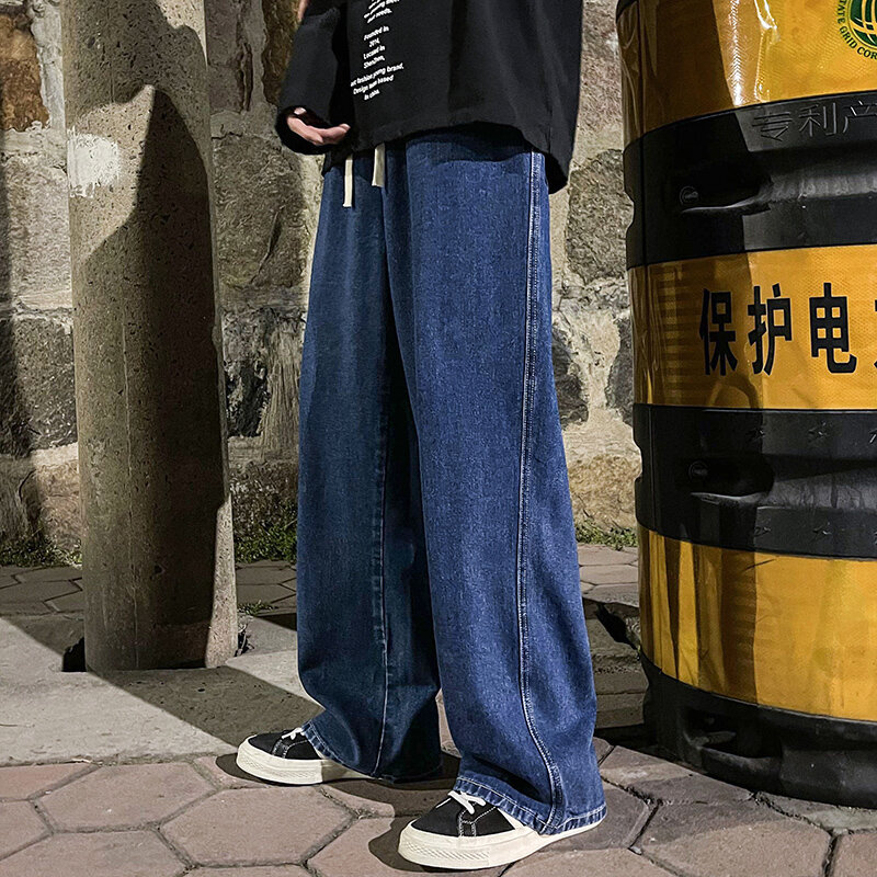 Корейские модные мужские мешковатые джинсы с эластичной талией, классические свободные джинсовые брюки с прямыми штанинами, с широкими штанинами, цвет синий, серый, черный