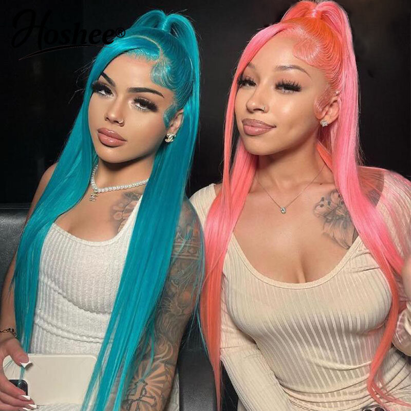 Straight Pink Light Blue Colored 13X4 HD Frontal Wigs Lace Front Human Hair Wig for Women Pre Plucked Transparent Brazilian Remy