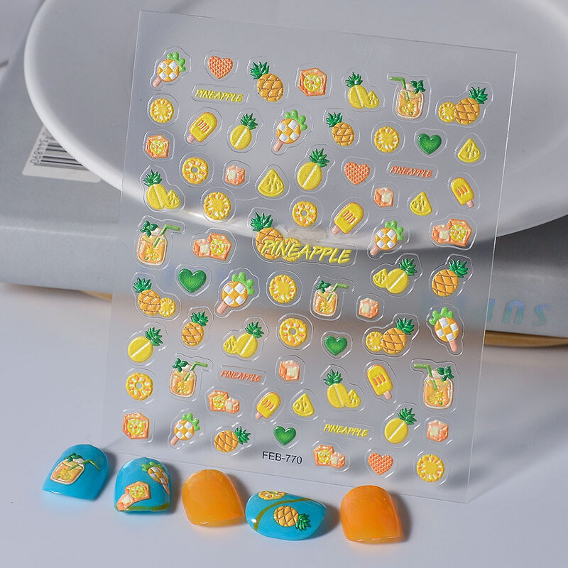 Stiker manikur seni DIY sederhana stiker kuku lucu nanas musim panas minuman buah timbul 5D untuk ujung kuku kecantikan