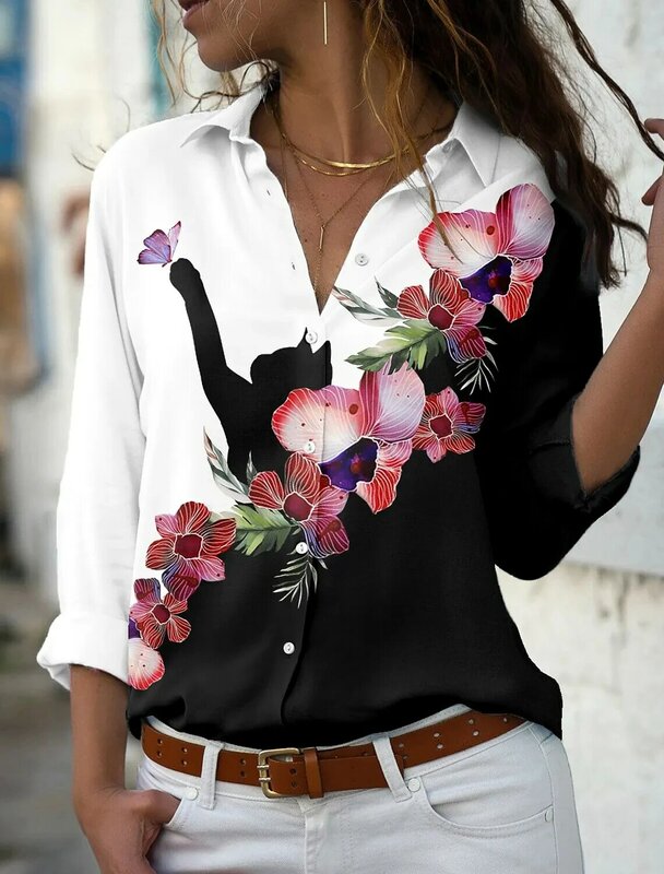 Chemise à manches longues à revers imprimé chat et fleur pour femme, T-shirt décontracté, mode Harajuku, printemps, 2024