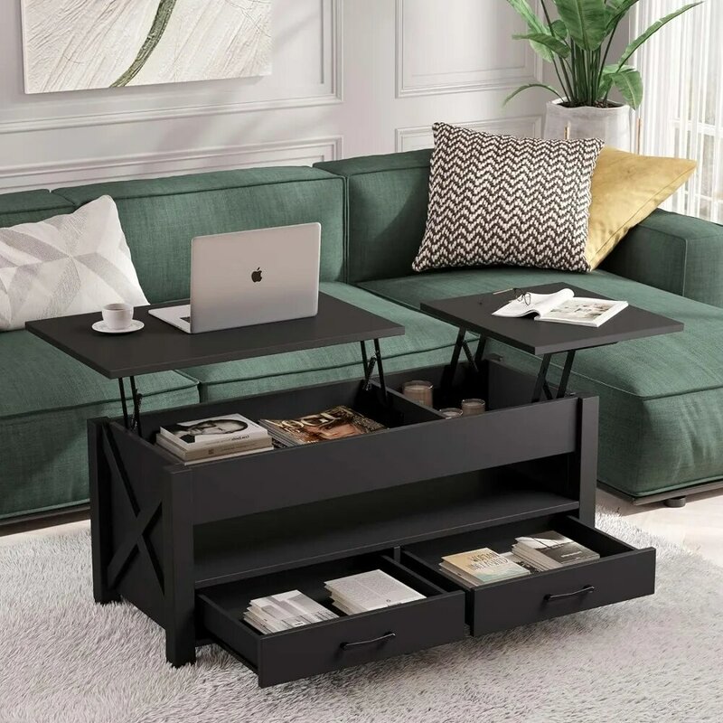 طاولة مركزية عتيقة سوداء مع طاولة رفع ، كراسي ، دعم بيت ريفي من الخشب X ، قهوة وغرفة معيشة