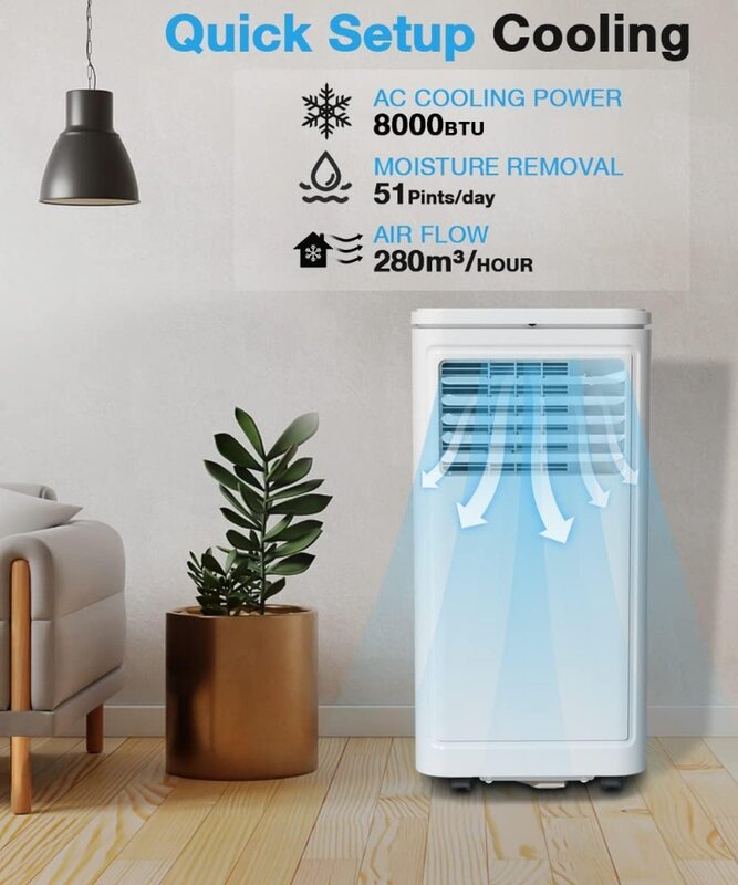 Portable Air Conditioner, 8000 BTU for Room up to 350 sq. ft, with Dehumidifier & Fan, 2 Fan Speeds, 24H Timer, Remote Control