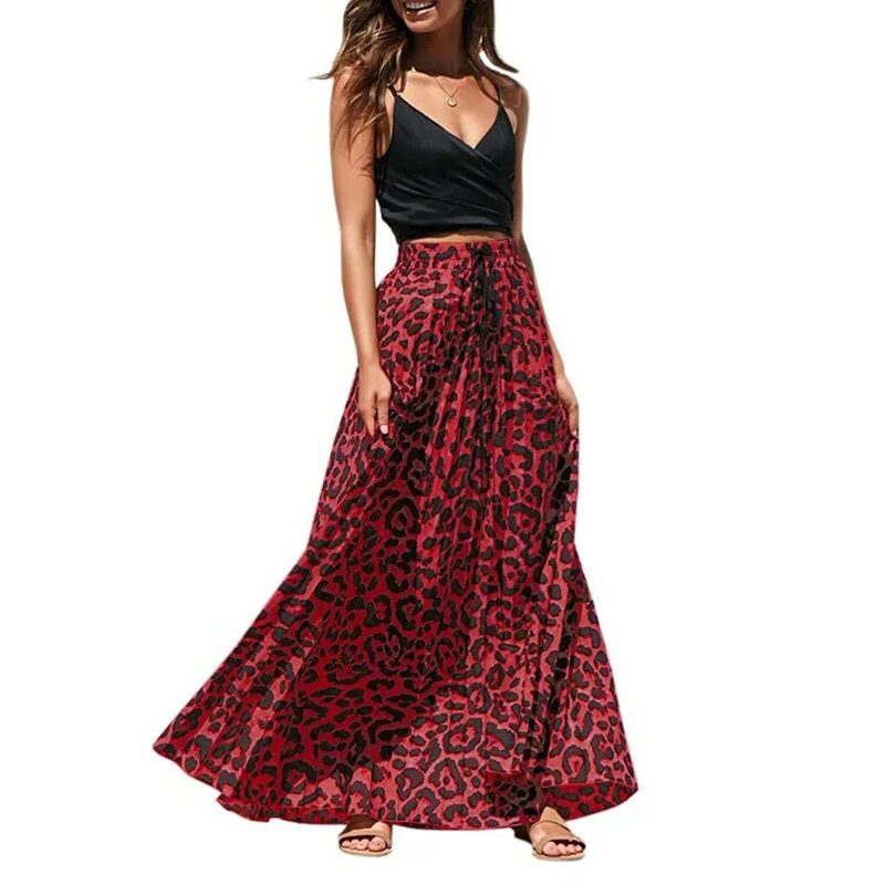 lady fashion long pleated skirt European style woman leopard print skirt