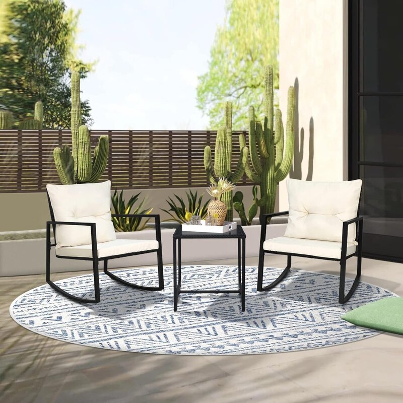 Outdoor Rocking Bistro Set,3 Piece Wicker Chairs Furniture,Porch Chairs Conversation Sets,with Glass Coffee Table
