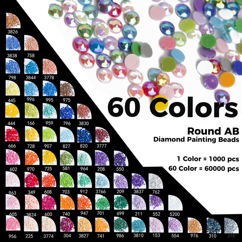 60 grânulos de diamante das cores para acessórios da pintura do diamante 5d, brocas redondas da pintura do diamante do ab da resina 2.8mm