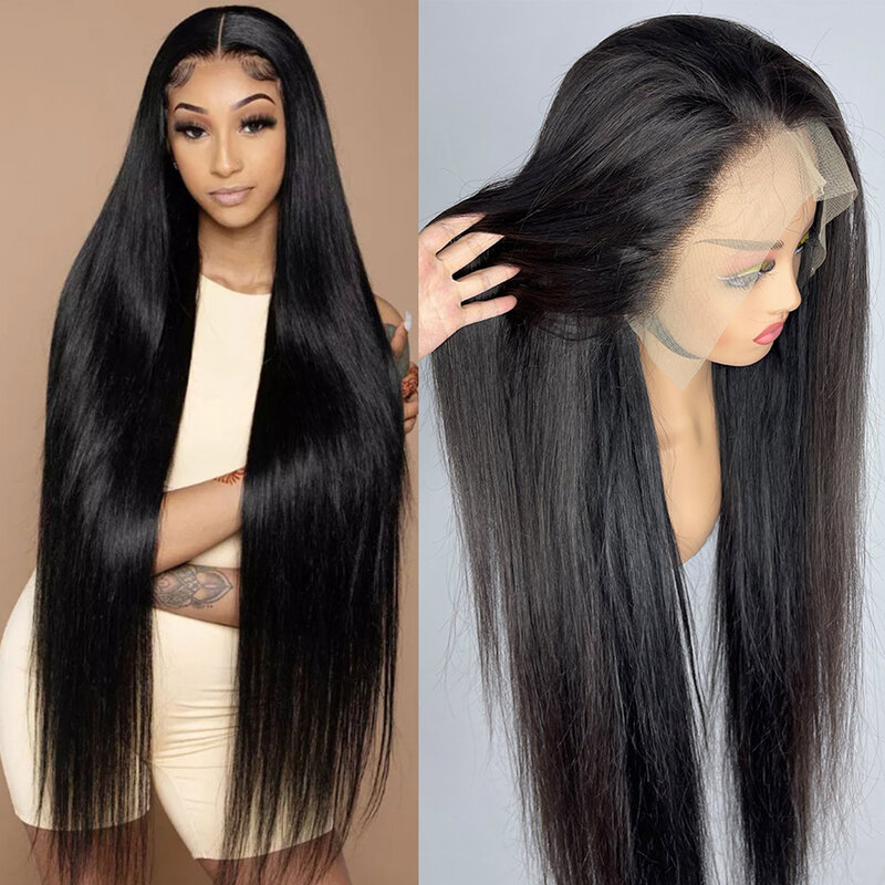 Peruca frontal do laço reto para mulheres negras, perucas de cabelo humano, brasileiro, pré arrancado, HD transparente, 13x4, 13x6, 30"