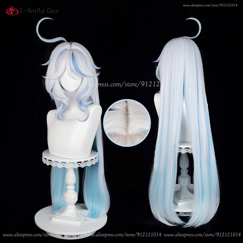 Fontaine Focalors-Peluca de Cosplay de 100cm de largo para mujer, Pelo Rizado azul y blanco, resistente al calor, Anime, con gorro