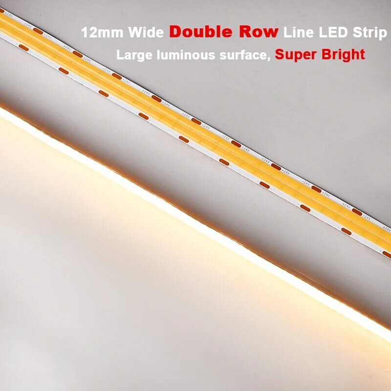 Super Bright COB LED Strip Lights, fileira dupla, flexível, regulável, iluminação de fita, RA90, 3000K, 4000K, 6500K, DC 24V, 2000LM/m, 600LEDs/m