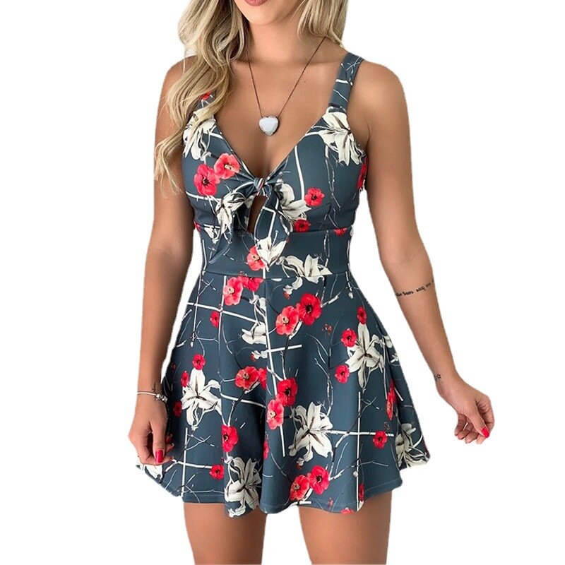 Summer Women's New Jumpsuit V-neck Sexy Fashion Suspender Chest Bow Tie Printed Loose Shorts Jumpsuit  for women