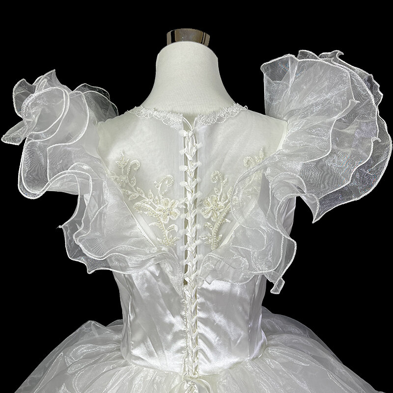 AnXin SH gaun pernikahan bunga putih putri vintage renda leher o manik-manik mutiara kristal ruffles tanpa lengan gaun pengantin antik