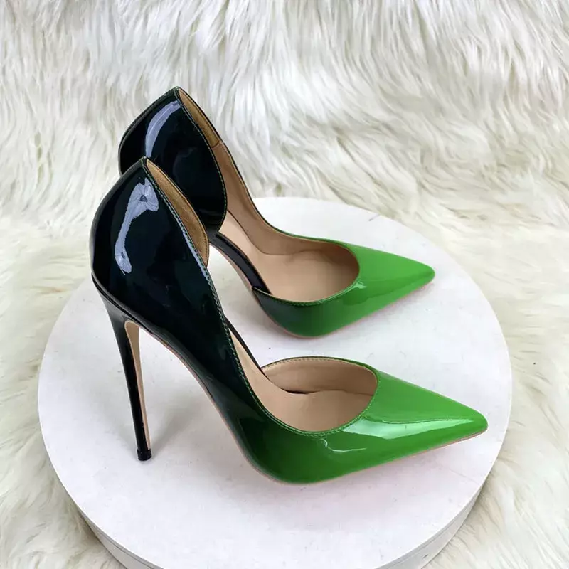 Black Green Black White Gradient Color Women Pointy Toe Glossy Stiletto Pumps Sexy Ladies 12cm High Heel Party 10cm Shoes