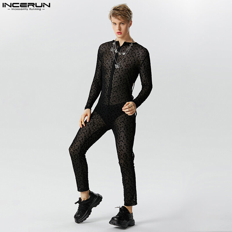 Incerun-Bodysuit de grão leopardo masculino, macacão oco, design cruzado, manga comprida, apertado, sexy, S-5XL, 2023