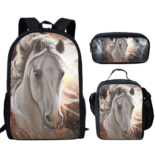 Conjunto de bolsa escolar padrão animal cavalo, mochila de impressão para adolescentes meninos e meninas, mochila campus com lancheira, saco de lápis, 3pcs