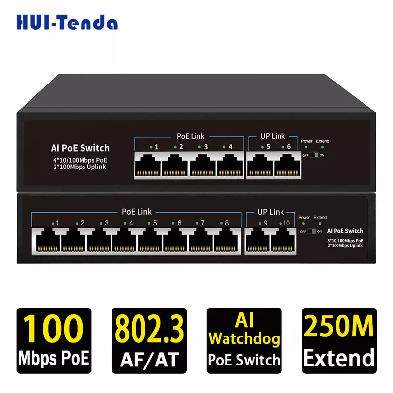 مفتاح شبكة HUI-Tenda AI POE ، إيثرنت ، VLAN ، مفتاح RJ45 لكاميرا IP ، AP لاسلكي ، وظائف NVR AI ، 10 ميغابايت في الثانية ، Mbps ، 4 8 منفذ
