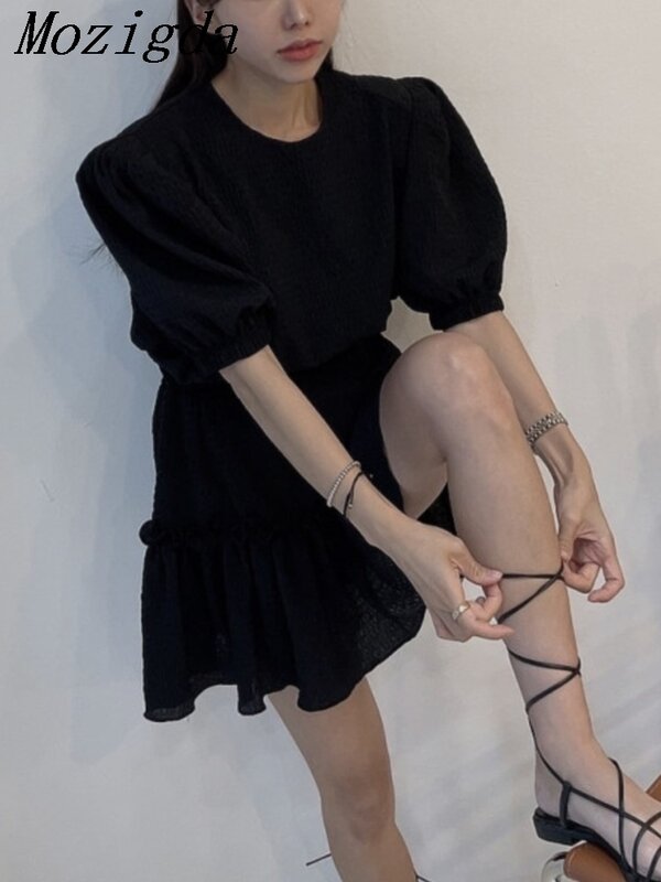 Setelan lengan pendek wanita, dua buah Set musim panas gelembung atasan pendek pinggang tinggi + rok Wanita Ruffle kasual Korea