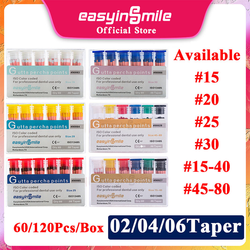 Easyinsmile guttaパーチャポイント歯内根管矯正治療すべてのサイズ.02/.04/.06テーパー60/120ピース/箱