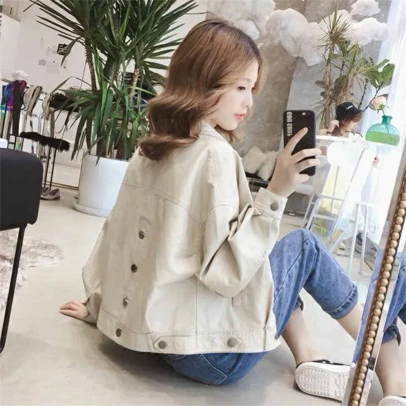 2023 Fashion Design PU Leather Short Jacket Women Spring Autumn Moto Coat Lady Loose Outerwear Students BF Casual Tops Jackets