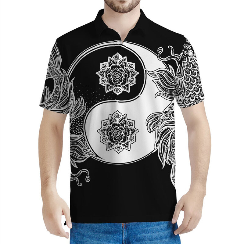 Polo con estampado 3D de Yin Yang para hombre, Camiseta holgada de manga corta con botones, color blanco y negro