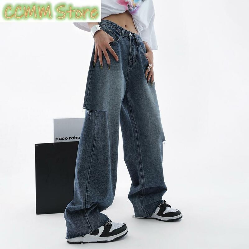Calças jeans rasgadas de cintura alta feminina, calças largas retas, jeans de perna larga, grande, azul, rua alta, casual, feminino, 2024