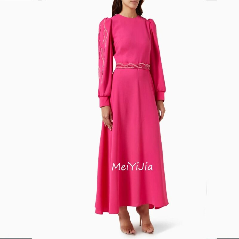 Meiyijia-فستان سهرة بأكمام طويلة ، رقبة دائرية ، وشاح ، بطول الكاحل ، كشكشة ، المملكة العربية السعودية ، مثير ، ملابس نادي ، الصيف ،