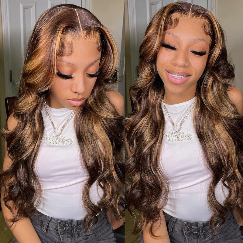 13×4 Highlight Wig Human Hair Body Wave Ombre Human Hair Wig 13×6 360 HD Lace Front Wig Brazilian 4/27 Honey Blonde Colored Wigs