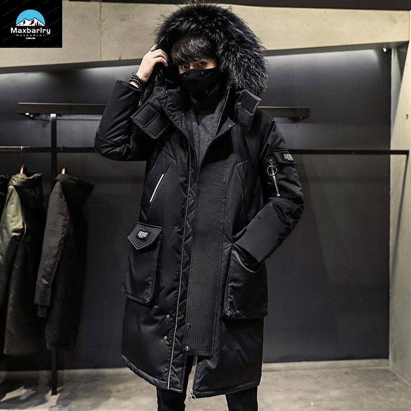 Luxury Long Down Jacket For Men's Winter Fashion Casual Fur Collar Hooded Warm Parka Coat Windproof Skiing White Duck Down Coat