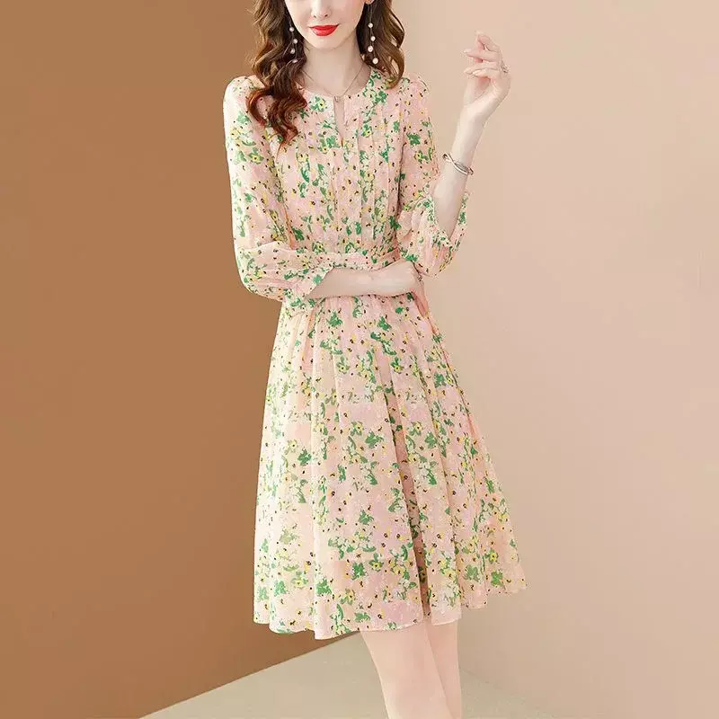 2024 Summer New Elegant V-neck Patchwork Chiffon Printed Pleat Mini Dress Women Loose Women's Seven-quarter Sleeve Flower Dress