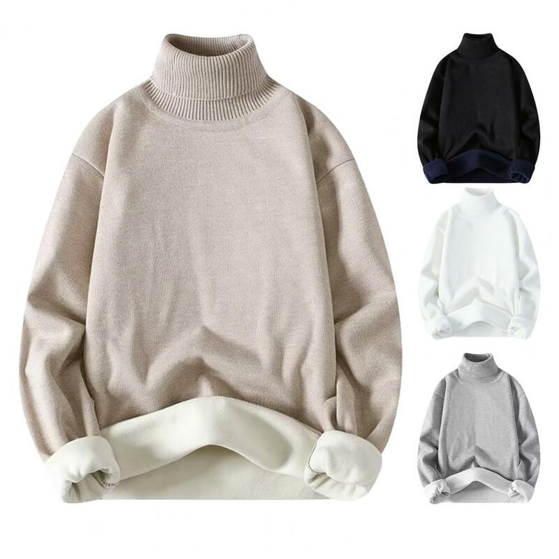 Suéter grueso de manga larga para hombre, Jersey de punto de Color sólido, cuello alto, protección del cuello, suave, elástico, felpa, Invierno