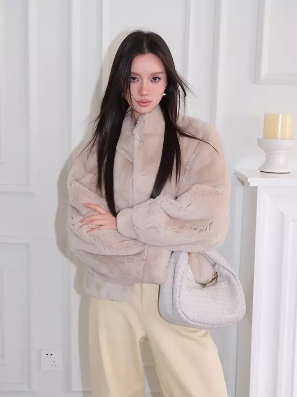 Jaket bulu kelinci Rex alami mewah untuk wanita, mantel bulu asli musim dingin kerah tegak hangat tebal kelas atas baru 2024