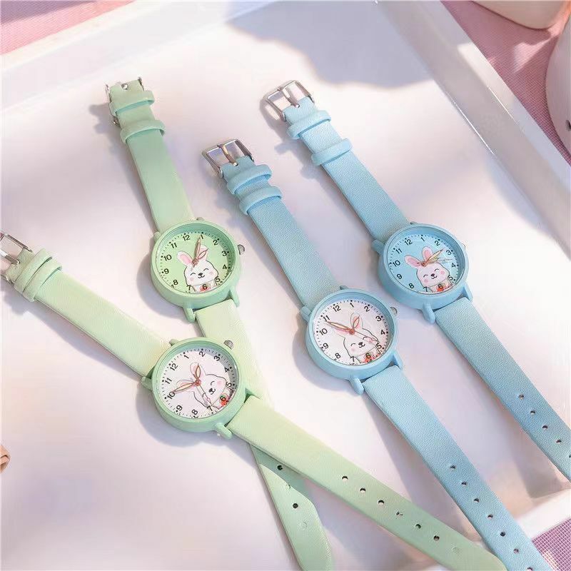 Детские часы в Корейском стиле, милые светящиеся кварцевые часы с мультяшным кроликом и кожаным ремешком, повседневные спортивные часы для мальчиков и девочек, подарок на день рождения для детского сада