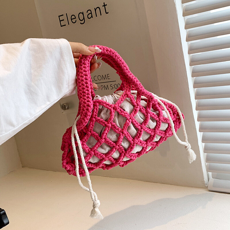 Handmade Hollow Woven Bags for Woman Rope Crochet Handbags Mini Knitting Beach Bag Bohemian Mesh Clutch Fishing Net Tote 2024