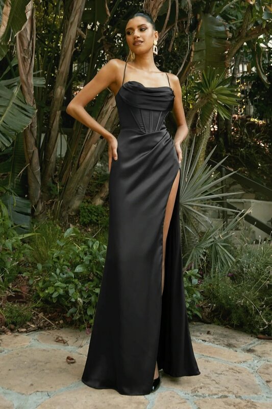 Ladies Evening Dress Suspender Spaghetti Strap Crystallized Corset High Slit Satin Gown Elegant Maxi Dress Woman With Slit
