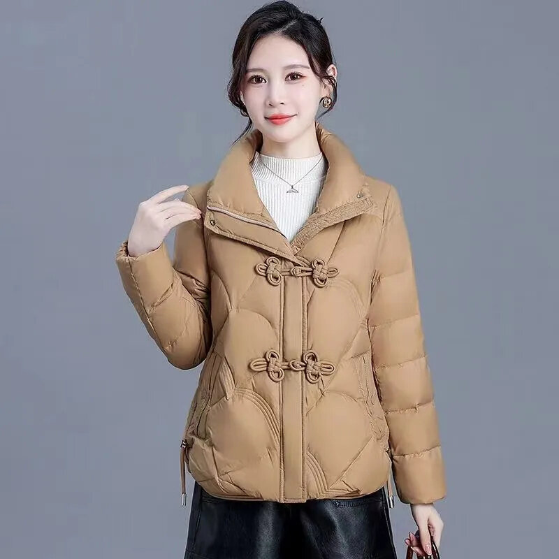 Jaqueta de algodão curto para mulheres, casaco solto com gola alta, outwear monocromático, sobretudo grosso com bolso, moda feminina, inverno, novo