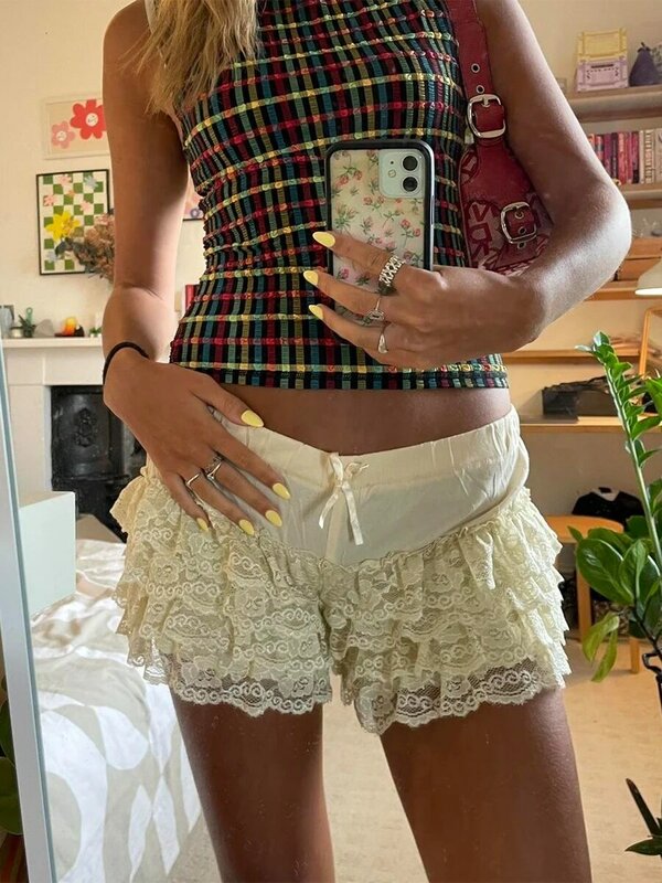 Celana pendek renda wanita, bawahan Mini pinggang tinggi musim panas