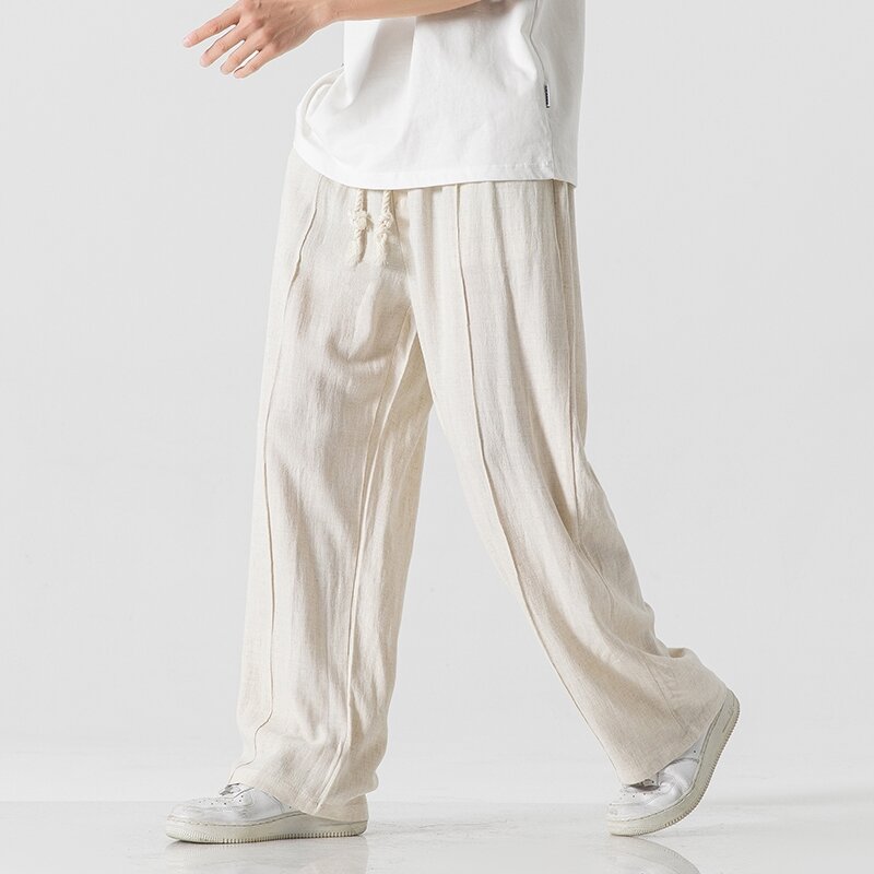 Pantalones bombachos de estilo chino para hombre, pantalón informal de algodón y lino, holgado, ligero, con cordón, longitud completa, Verano
