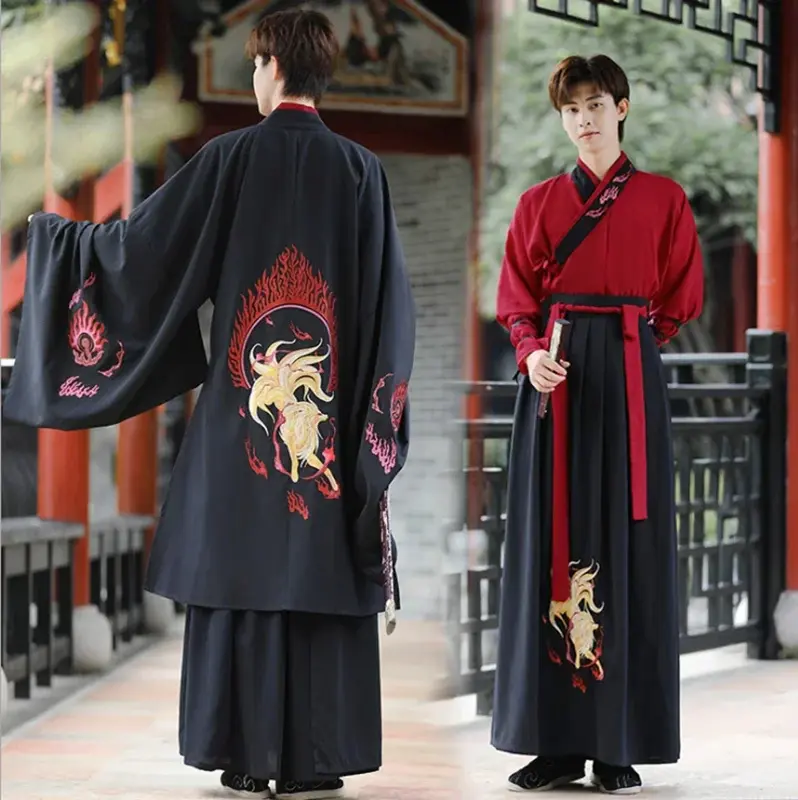 Disfraz de Hanfu chino antiguo para hombre, vestido de fiesta de Halloween, traje negro y rojo, talla grande 4XL, 5XL